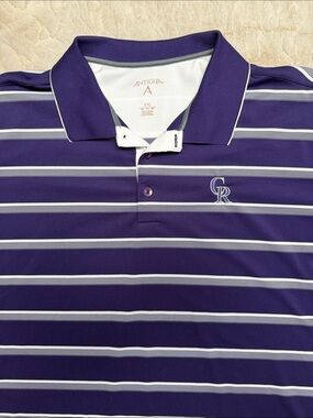 Antigua Purple and White Striped Polo with CR Logo